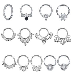 16G Bee Flower Surgical Steel Nose Ring CZ Crystal Hoop Septum Ring Ear Piercing - Picture 1 of 34