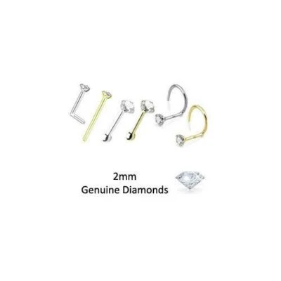 2mm Genuine Real Diamond Nose Ring Stud L Bend Screw Yellow Gold White Gold - Image 1 of 2