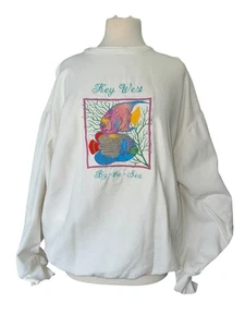 Vintage Key West Florida Sweatshirt tropischer Fisch bestickt Rundhalsausschnitt weiß - Bild 1 von 6