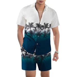 Mens 2-Piece Set Short Sleeve Shirts and Shorts Summer Outfit Sweatsuit Set - Picture 1 of 23
