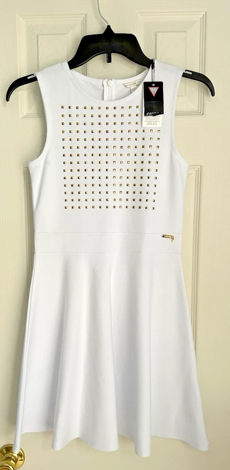 Vestido Guess para niñas blanco puro Milano acanalado con adornos dorados talla 12 Foto 1 de 3