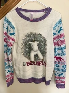 No Boundaries 3D CHRISTMAS Sweater Junior L 11-13 Unicorn Tinsel Sequin Believe - Picture 1 of 6