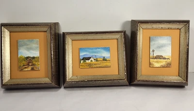 Vintage Hand Painted Mini-Canvas Country Scenes Retro Framed 5"x6" - Image 1 of 4