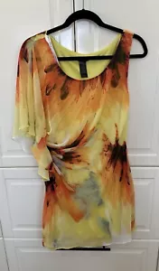 Bisou Bisou 12 Kleid gelb orange Blumen One Shoulder Mini U-Ausschnitt - Bild 1 von 4