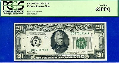 1928 $20 Federal Reserve Note PCGS 65PPQ wanted numerical gem Chicago Fr 2050-G - Image 1 of 3