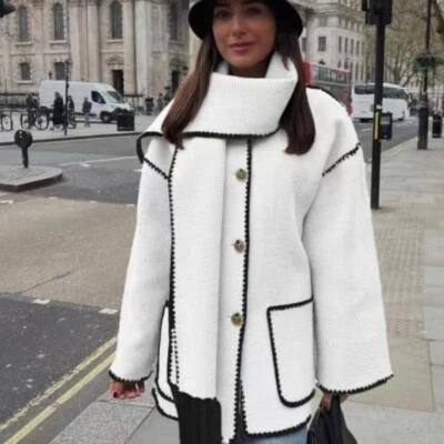 Women’s Fringed Scarf Collar Woolen Coat Tassel Long Sleeve Ladies Warm Jackets - Image 1 of 4