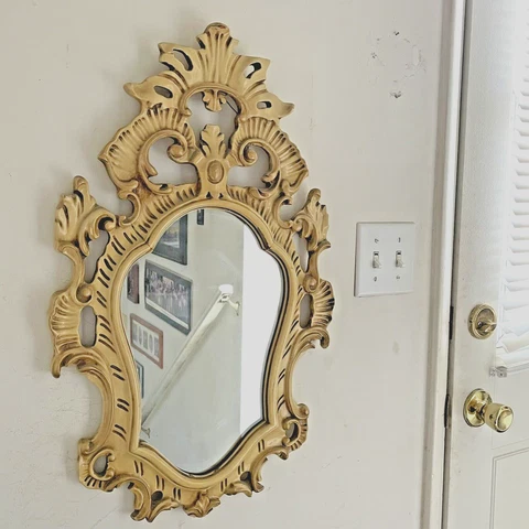 Antique Mirror French Belgian Painted Carved Wood Frame 25 x 15 Wall Hang Nice Cover
