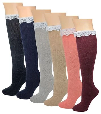 6 Pairs Women Wool Cable Knit Knee High Boot Socks Size 9-11 Lace Trim Winter - Image 1 of 4