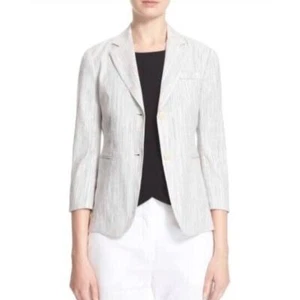 Theory Linen Blend Striped Blazer Size 4 Ivory Beige Navy Twill Minimalist Luxe - Picture 1 of 17