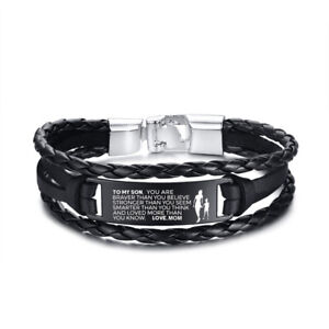 Laser Engraved To My Son Braided Leather Men Bracelet Love Dad Father's Day Gift