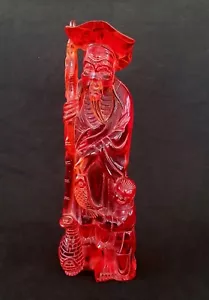 Vintage Chinese finely carved amber color acrylic Old Man & Child statue, 14" - Picture 1 of 12