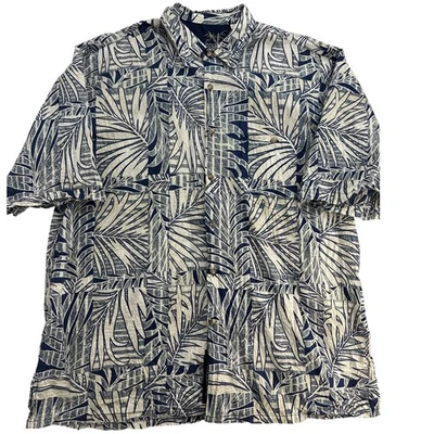Bamboo Cay 男式 XL 夏威夷衬衫棕榈叶印花棉草坪纽扣蓝色 — 第 1/4 张图片