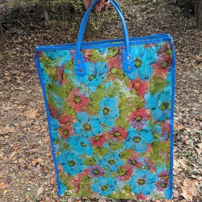 Vintage 60s Floral Vinyl Tote Bag Clear Mid Century Shopping Flower Power Print - Image 1 of 4