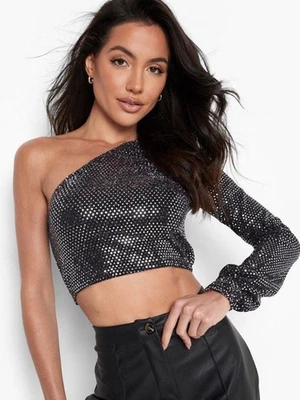 NWT Ladies Boohoo Black Sequin Lurex One Shoulder Crop Top Size 10 - Image 1 of 4