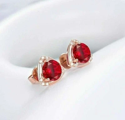 2Ct Round Cut Lab-Created Red Ruby Solitaire Stud Earrings 14K Rose Gold Plated - Image 1 of 4
