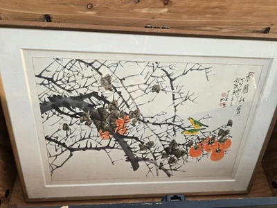 Qi Baishi Chinese watercolor & ink painting pair lover birds persimmon Chunyang  - Image 1 of 4