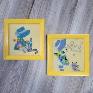 Vintage Holly Hobbie Cross Stitch Bubbles & Cat Framed Art Set - Picture 1 of 5