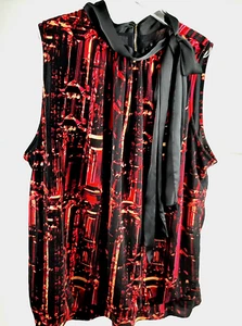 WORTHINGTON Women's Blouse Size 3X Red Black Lined Sleeveless Mock Tie Neck Zip - Picture 1 of 20