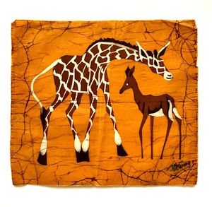 Afrikanische Batik Giraffe Stammeskunst Wachstuch Gemälde signiert ungerahmt Vintage 12 x 14 - Bild 1 von 4