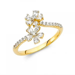 Solid 14k Yellow Gold Flower Ring Two Floral Band Right Hand Pave Curve Design - Picture 1 of 1