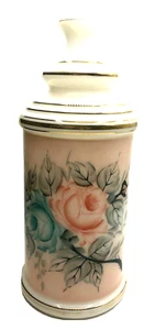 Vintage Apothecary Jar Vanity Pink Rose Floral Storage Gold Trim Cottage Core - Picture 1 of 6