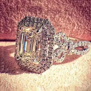 3.00Ct Emerald Cut Moissanite Halo Engagement Wedding Ring 14K White Gold Plated - Picture 1 of 5