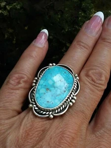 Size 8.5 Navajo Signed Natural Kingman Turquoise Sterling Silver Albert Charley - Picture 1 of 12