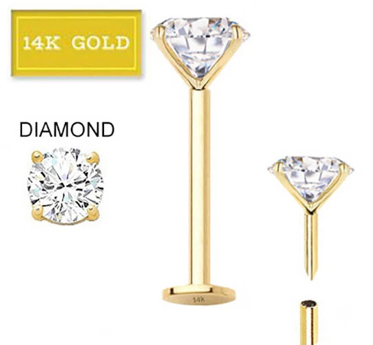 真正钻石宝石 14K 金色 16G 推入无螺纹唇部实验室耳钉戒指 — 第 1/4 张图片