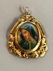Stunning Antique 18K Yellow Gold Hand Painted Woman Our Lady Pendant