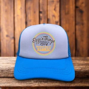Eggs 'N Things 1974 Hawaii Aloha Mens Trucker Hat Blue Surf Baseball Cap - Picture 1 of 6