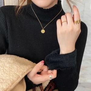 Women Ruffles Mock Neck Sweater Thicken Autumn Fleece Warm Thermal Pullover Cash - Picture 1 of 13