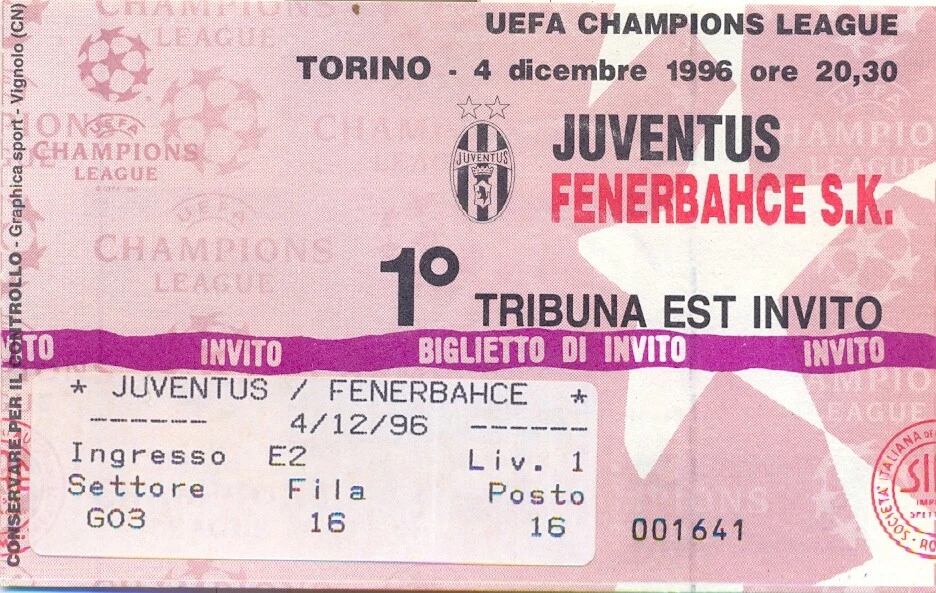 BIGLIETTI TICKET - JUVENTUS - FENERBAHCE - UEFA CHAMPIONS LEAGUE 4/12/1996 - Immagine 1 di 1