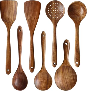 Wooden Spoons for Cooking, 7Pcs Handmade Natural Teak Cooking Spoons Wooden Spat - Picture 1 of 12