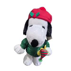 Peanuts 2 Fuß Snoopy Weihnachten Plüsch grüßer roter Hut grüner Mantel stehend Deko - Bild 1 von 4