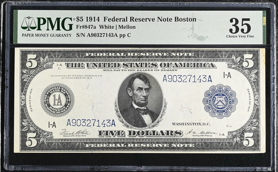1914 Fr 847a $5 Dollar Large Size US Federal Reserve Note Paper Money PMG VF35 - Image 1 of 2