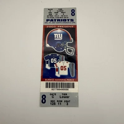 Boleto de temporada perfecto 2007 de los Patriots 16-0 juego Tom Brady Giants 29 de diciembre 29/12/07 Foto 1 de 4