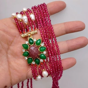 Red Crystal  Pearl  Chunky Necklace  Jade  Quartz Clasp Jewelry Handmade - Picture 1 of 5