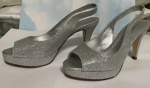 Call It Spring Womens 7.5 M Slingback Heeled Peep Toe Silver Sparkle Glitter EUC - Picture 1 of 13