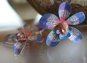 Vintage *:SIGNED BJ EANAMELED FLOWER-SHAPED EARRINGS W/STONES 2 1/4" EX COND:* - Picture 1 of 8