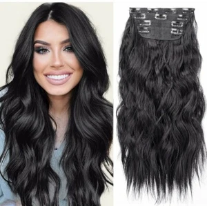 Hair Extensions Long Wavy Black Dark Mix Highlights Clip In 4 Peice Natural - Picture 1 of 3