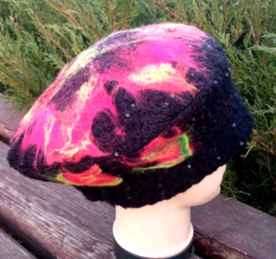 Berretto oversize donna in feltro nero rosso.Cappello invernale caldo.Berrett... - Immagine 1 di 4