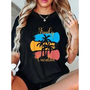 100% Cotton Palm tree printed casual round neck T-shirt, family vacation tops - Picture 1 of 13