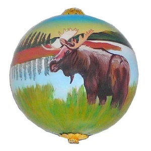 Moose by Lake Reverse Painted Glass Christmas Tree Ornament Wildlife Decoration - Picture 1 of 2