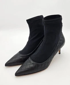 Prosperine Black Italian Leather Quilted High Heel Sock Boot, EU Size 38,5, US 8 - Bild 1 von 9