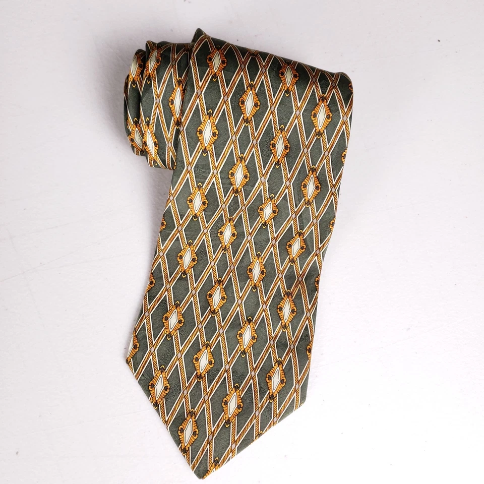 Alexander Lloyd 领带绿色黄金几何钻石图案男式领带 — 第 1/4 张图片