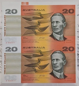 1993 Australia Uncut Pair $20 Fraser Cole Banknotes in NPA Folder Low Red Serial - Picture 1 of 6
