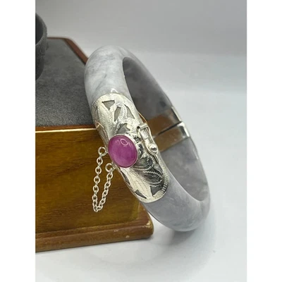Burmese Hinged Jade Bangle Purplish Gray Bracelet Silver Cover Ruby Head 60.6 mm - Image 1 of 4