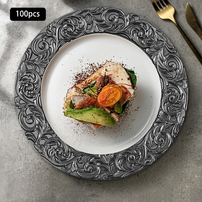 100Pcs Antique Charger Plates Bulk Plastic Dinner Plate Embossed Rim Server Plat - Image 1 of 4