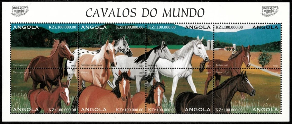 Angola 1997 - Caballos del Pacífico - Hoja de 8 estampillas - Scott #992 - MNH Foto 1 de 1