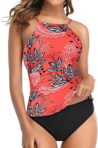 NWT~ Tempt Me sz S Tankini Swimsuit Top High neck Coral Black print ruched E64 - Picture 1 of 5